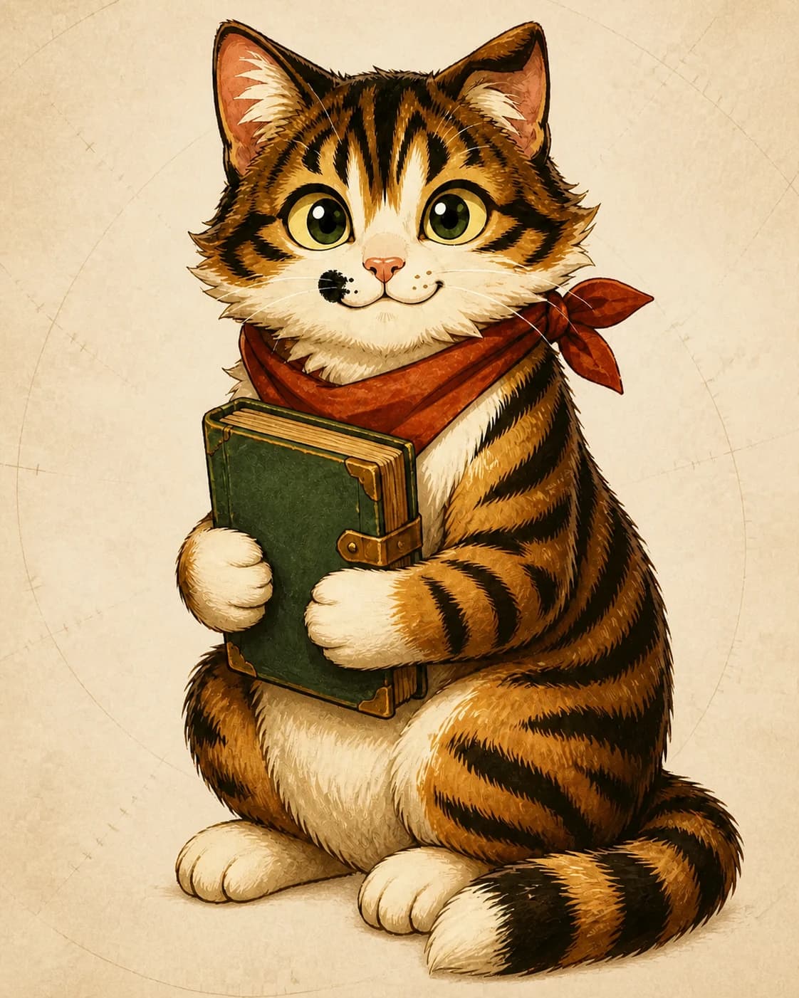 Thelu, a tabby cat in a rust scarf, holding a green logbook